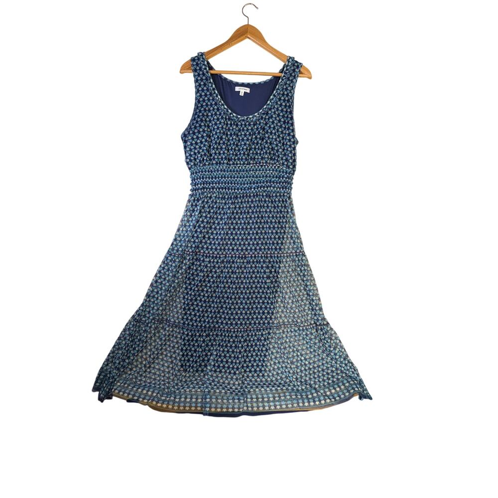Max Studio Y2K Micro Mesh Smocked Waist Tiered Midi Dress‎ Blue Geometric XL